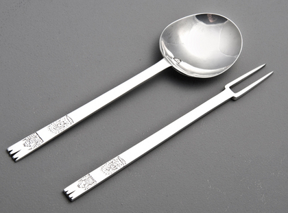 Silver 2 Pronged Notched Puritan Fork and Matching Spoon - Replica of Manners Fork and Spoon, 1632