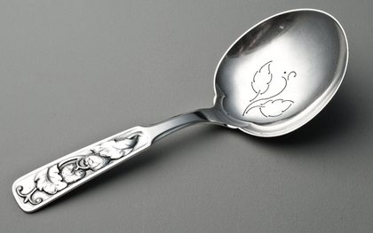 Danish Haandarbejde Modernist Silver Strawberry Serving Spoon - Pierced Bowl