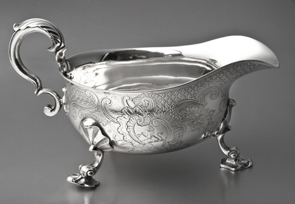 Early Georgian Rococo Sterling Silver Sauce Boat - Richard Pargeter, Alleyn Family Crest, Lidsel Family