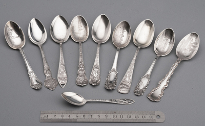 Ten American Sterling Silver Souvenir Spoons - California, Honolulu, Boulder Dam, Philadelphia, Hawaii, Washington, Detroit, Chicago