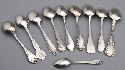 Ten American Sterling Silver Souvenir Spoons - California, Honolulu, Boulder Dam, Philadelphia, Hawaii, Washington, Detroit, Chicago