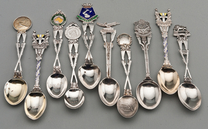 Ten Sterling Silver and Enamel Souvenir Spoons - Crossed Rifles Shooting Trophies