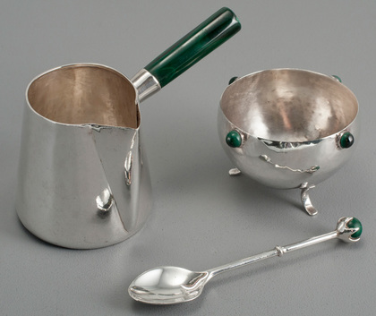 Zambian Arts & Crafts Sterling Silver & Malachite Milkjug, Sugarbowl and Sugarspoon - Klaus Rygaard