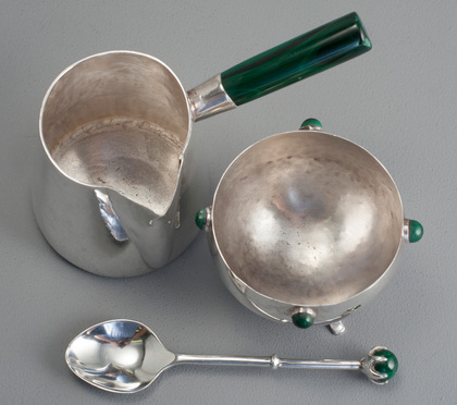 Zambian Arts & Crafts Sterling Silver & Malachite Milkjug, Sugarbowl and Sugarspoon - Klaus Rygaard