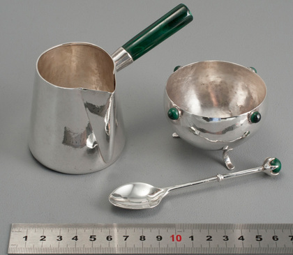 Zambian Arts & Crafts Sterling Silver & Malachite Milkjug, Sugarbowl and Sugarspoon - Klaus Rygaard