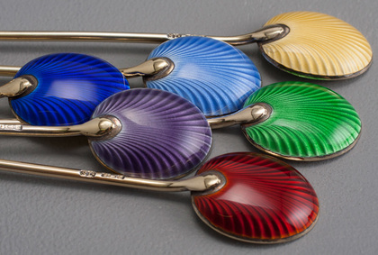 Sterling Silver and Guilloche Enamel Gilded Seal Top Coffee Spoons (Set of 6)  - Art Deco, William Suckling