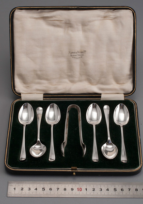 Sterling Silver Rat Tail Hanoverian Teaspoons (6) and Sugartongs - Mappin & Webb