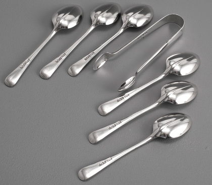 Sterling Silver Rat Tail Hanoverian Teaspoons (6) and Sugartongs - Mappin & Webb