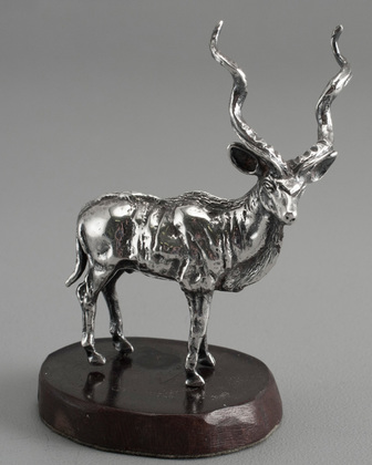 Solid Silver Kudu Antelope on Wooden Base - Silver Creations, Zimbabwe