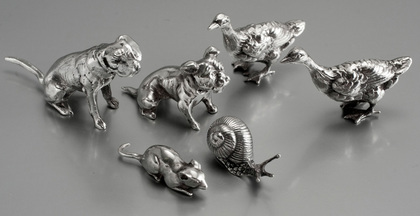 Collection of 6 Solid Sterling Silver Miniature Animals - Dogs, Geese, Snail, Mouse