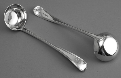 Victorian Silver Toddy Ladles (Pair) - With Heart and Hand, Dudgeon Family Crest, Henry Holland