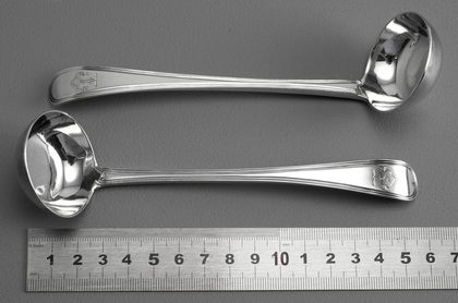 Victorian Silver Toddy Ladles (Pair) - With Heart and Hand, Dudgeon Family Crest, Henry Holland