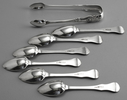 Rare Victorian Scottish Silver Grecian Pattern Variant - 6 Spoons and Matching Sugartongs - Robert Scott, Glasgow