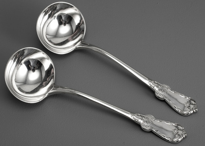 Rare Tudor Pattern Antique Silver Sauce Ladles (Pair) - Chawner & Co