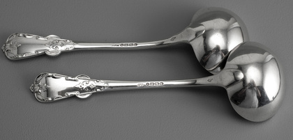 Rare Tudor Pattern Antique Silver Sauce Ladles (Pair) - Chawner & Co