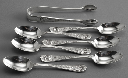 Victorian Silver Private Pattern Halberd Teaspoons (set of 6) and Sugartongs - Elkington - Tudor Men & Women