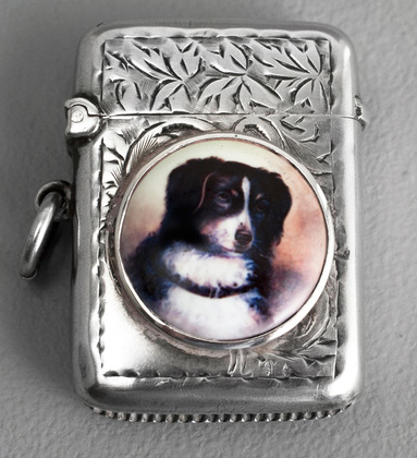 Antique Silver and Enamel Dog Vesta Case - Border Collie