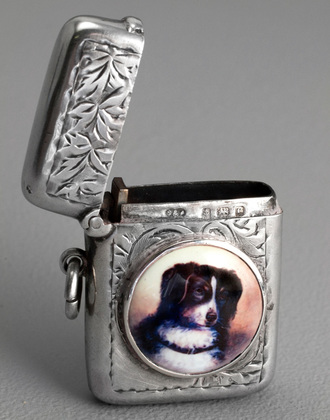 Antique Silver and Enamel Dog Vesta Case - Border Collie