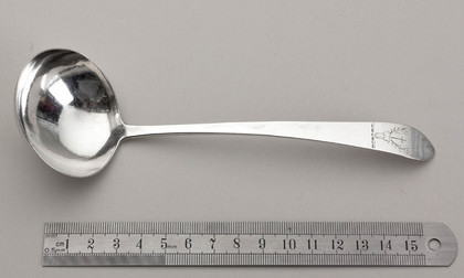 Irish Georgian Silver Sauce Ladle - John Power, Dublin, Bassett Family Crest