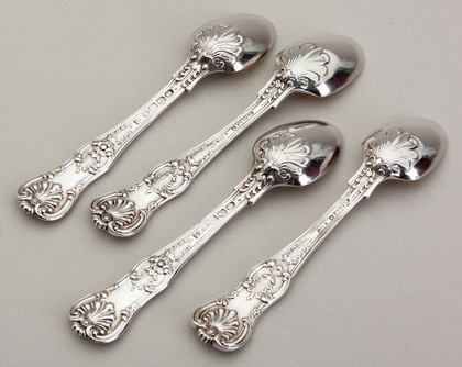 Queens Pattern Sterling Georgian and Victorian Silver Egg Spoons (4) - Rosette Pattern