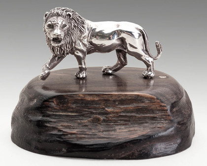 Patrick Mavros Silver Lion On Wooden Base - Medium