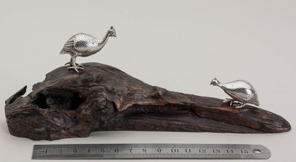 Patrick Mavros Silver Sculpture Guinea Fowl Pair On Wooden Base