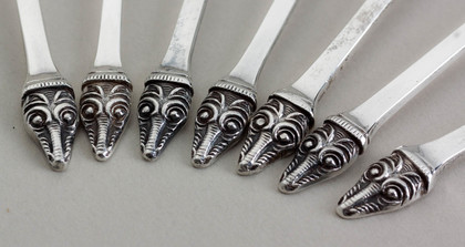 Sterling Silver Sugar and Coffee Spoon Set (Boxed set of 7) - Celtic Stylised Dogs Head Finial