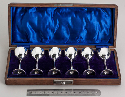 Antique Sterling Silver Miniature Goblets (Set of 6 in Original Wooden Box) - Sherry, Liqueur