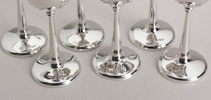 Antique Sterling Silver Miniature Goblets (Set of 6 in Original Wooden Box) - Sherry, Liqueur