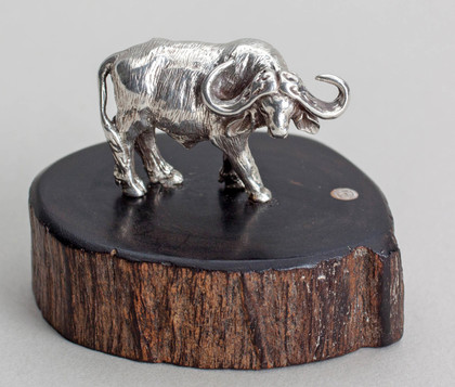 Patrick Mavros Silver Buffalo On Wooden Base - Miniature