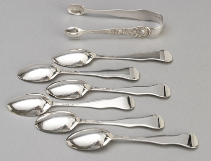 Edwardian Silver Rose Pattern Teaspoons (Set of 6) & Sugartongs