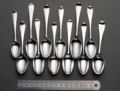 Georgian Silver Hanoverian Teaspoons (mixed set of 12) - Scrollback, Picture Back, Shellback