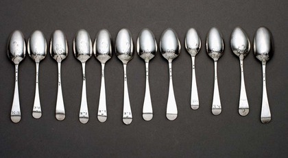 Georgian Silver Hanoverian Teaspoons (mixed set of 12) - Scrollback, Picture Back, Shellback