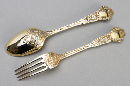 Rare Canova Pattern Silver Gilt Dessert Spoon & Fork - Chawner & Co.