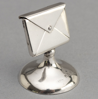 Rare Antique Silver Envelope Stamp Case - Mounted on Stand for Desk